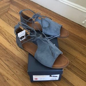 Light blue suede ankle wrap sandals